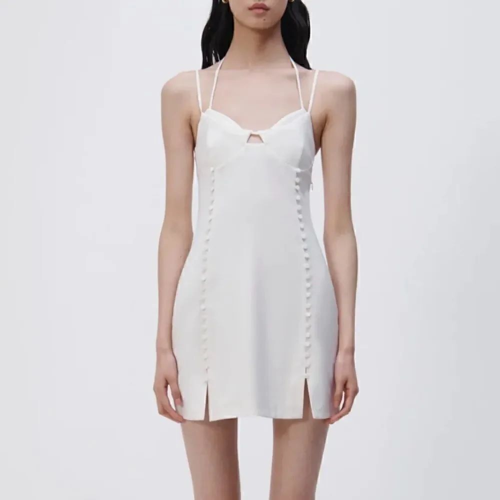 NWT SIMKHAI Eilish button-embellished crepe halterneck mini dress Ivory Size 12